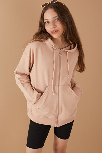 Cansın Mini Βασική σχολική ζακέτα με κουκούλα για κορίτσια με φερμουάρ 19204