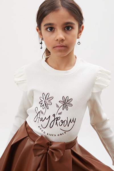 Cansın Mini Ecru Floral Printed Girl's Suit with Badi Leather Skirt 18008