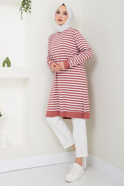 hafsamina Dried Rose Striped Combed Cotton Tunic - HM2418