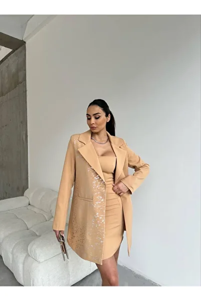 'Ello Beige Color Single Side Gilded Jacket and Dress Set
