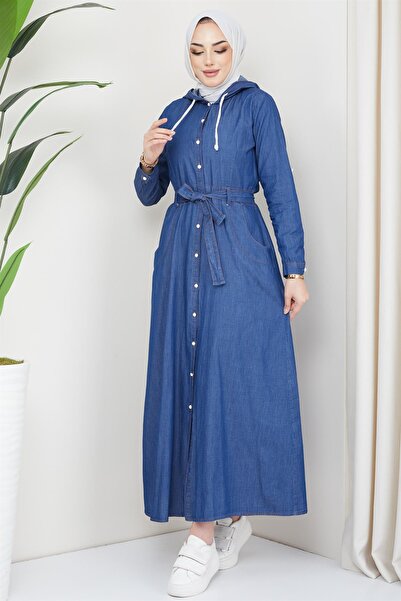 hafsamina Τζιν φόρεμα με ζώνη με κουμπιά σκούρο μπλε