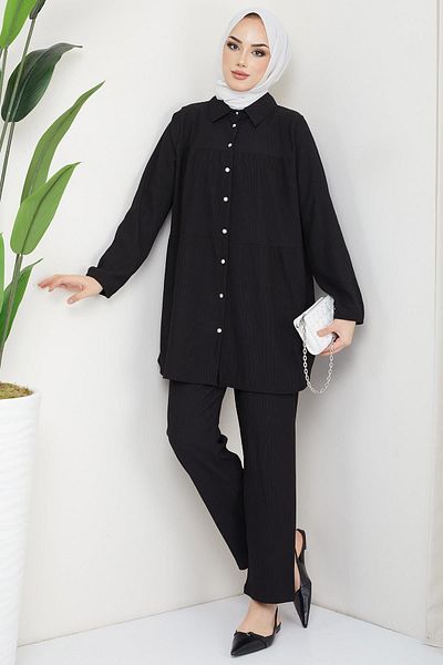hafsamina Wrinkled Double Suit with Layer Shirt Black