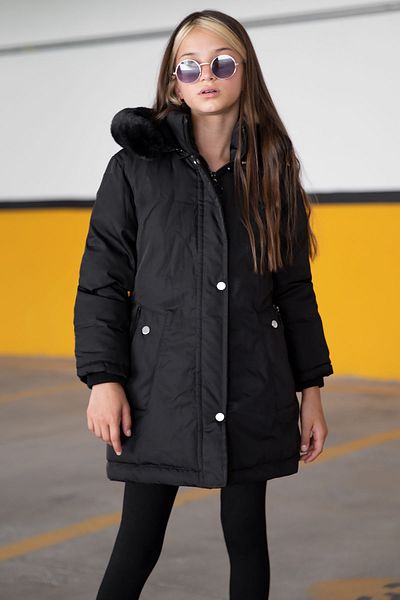 Cansın Mini Girl's Black Fur Lined Detachable Hooded Coat 19053