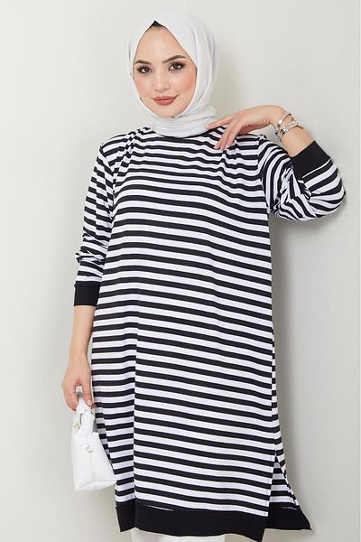 hafsamina Black Striped Combed Cotton Tunic - HM2418