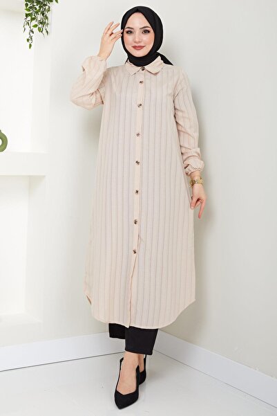 hafsamina Yazlık Uzun Pamuklu Tunik Krem HM2109