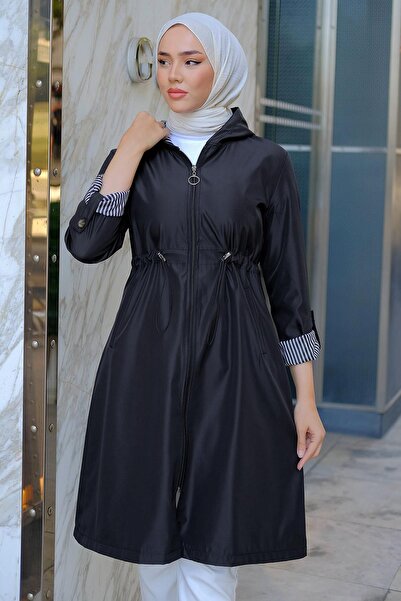 hafsamina Çizgi Detaylı Trençkot Siyah HM2283