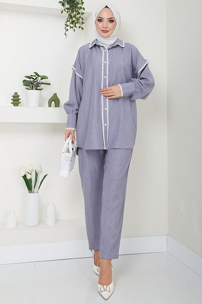 hafsamina Gray Embroidered Double Set - HM2491