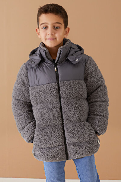 Cansın Mini Boy's Plush Coat with Hood and Lining - Smoke 19324