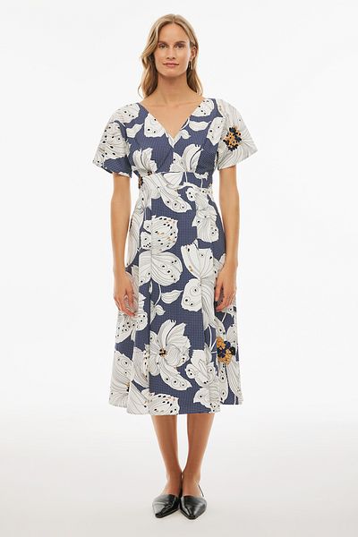 Perspective Alyas Regular Fit Floral Print Midi Length Short Sleeve Standard V-Neck White Indigo Color Dress