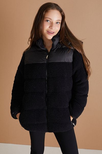 Cansın Mini Girl's Black Hooded Plush Coat 19317 - Lined
