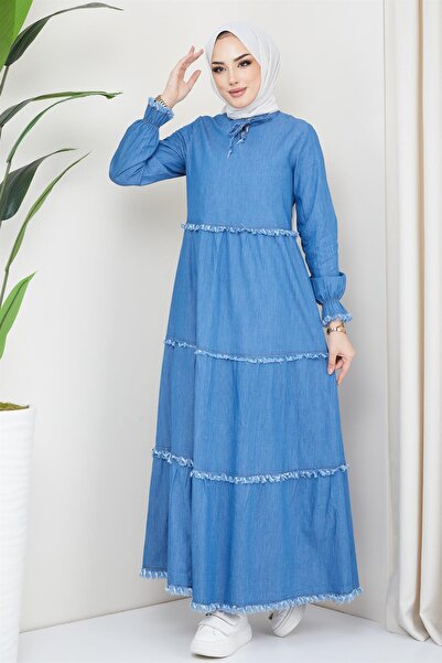 hafsamina Δαντελένιο μπροστινό τζιν φόρεμα γαλάζιο