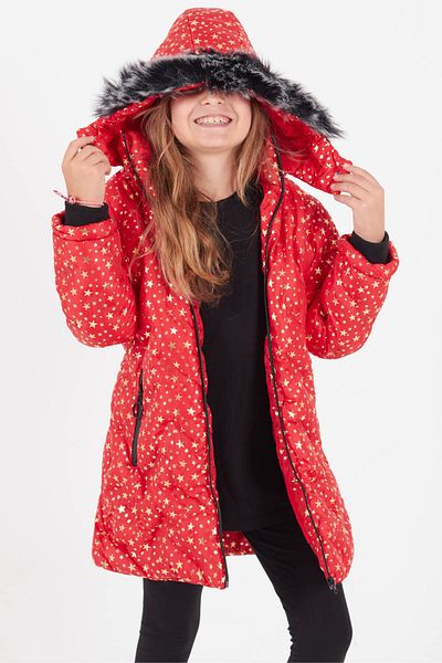 Cansın Mini Girl's Coat Star Patterned Hooded Puffer Coat 14535