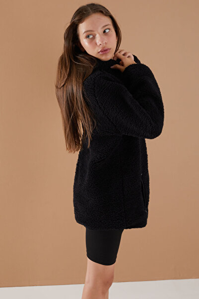 Cansın Mini Girl's Plush Cardigan - Black, Chest Pocket, Hoodie - 19499
