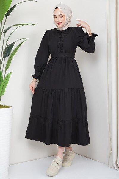 hafsamina Önü Fırfırlı Kolu Bağlamalı Elbise Siyah