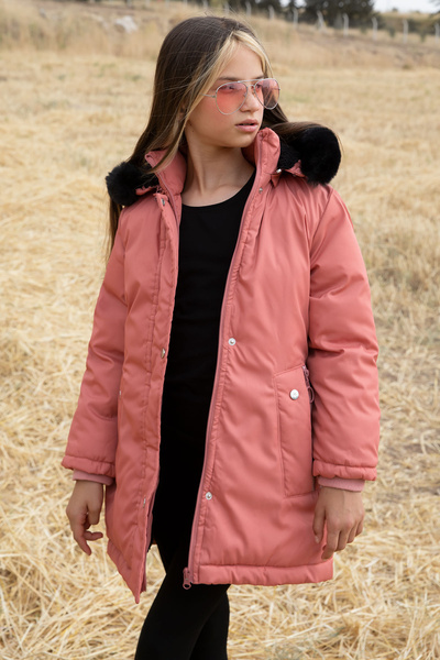 Cansın Mini Pembe Kürklü İçi Astarlı Çıkarılabilir Kapüşonlu Kız Çocuk Mont 19055