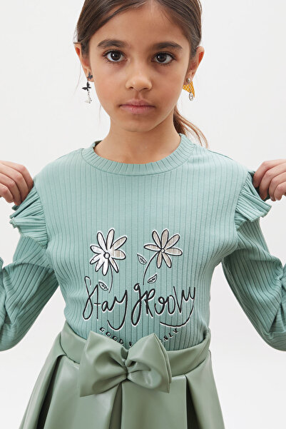 Cansın Mini Green Floral Printed Girl's Suit with Badi Leather Skirt 18010