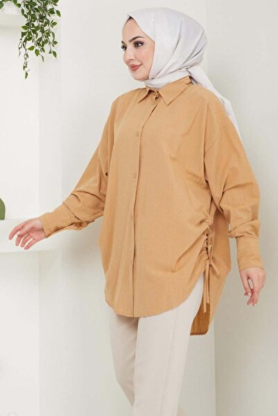 hafsamina Yandan Bağlamalı Oversize Gömlek Camel HM2471