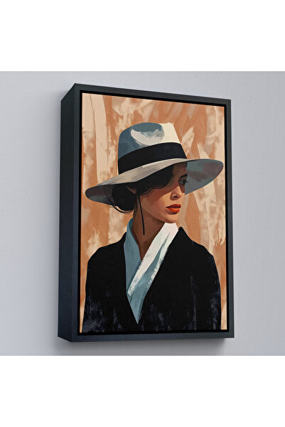 Home Abstract Woman with Wooden Frame and White Hat Painting-7623