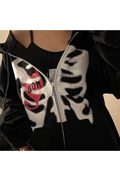 Köstebek Harajuku Anime Μαύρο φούτερ με κουκούλα - UNISex, σχέδιο στήθους και καρδιάς