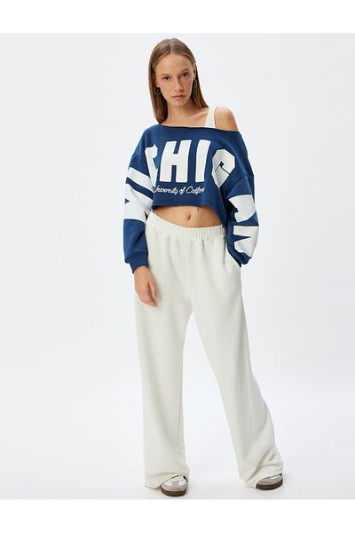 Koton College Printed - Crop Oversize Sweatshirt Boat Neck Hooded