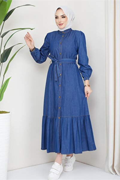 hafsamina Flounced Skirt Buttoned Denim Dress Dark Blue