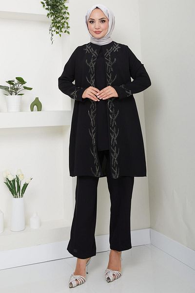 hafsamina Plus Size Elegant Stone Detailed Mother's Set - Black Hm2505