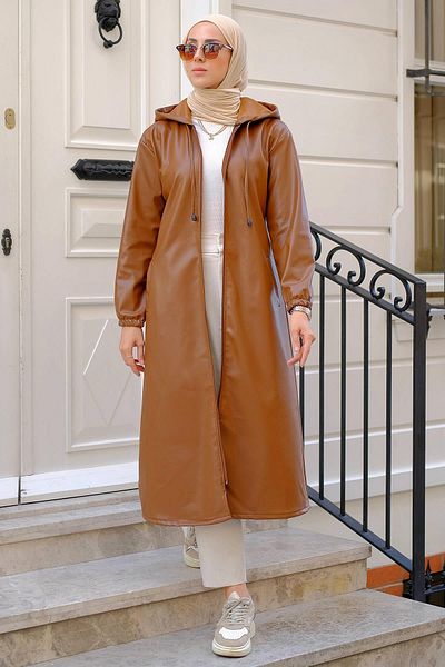 hafsamina Faux Leather Trench Coat Brown HM2278