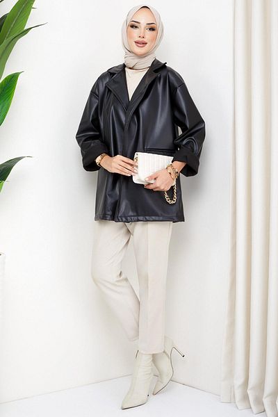 hafsamina Δερμάτινο μπουφάν Oversize Μαύρο HM2338