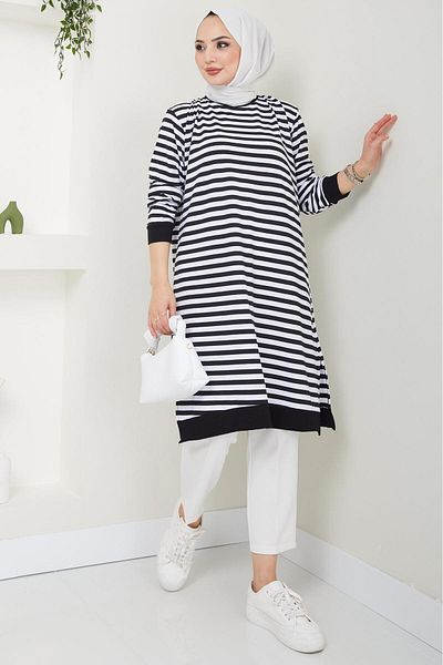 hafsamina Black Striped Combed Cotton Tunic - HM2418