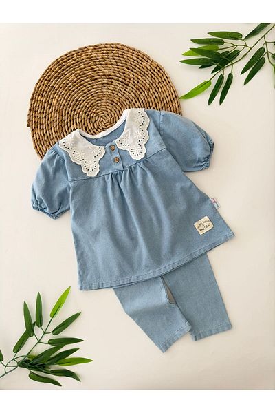 Minigimin Cicileri Blue Girl's Tights my Little Flowers Knitted Collar Laced Set