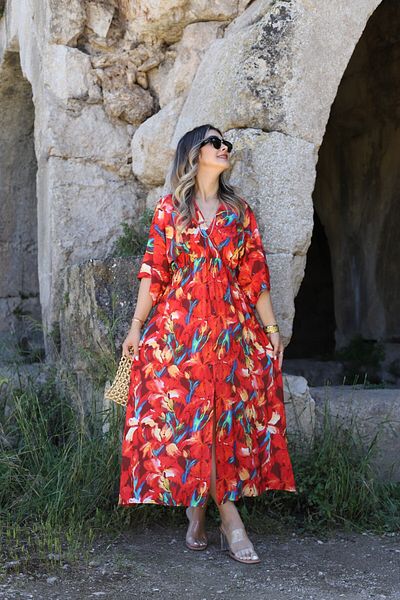bytugcekaya Red Color Dress with Slit Detail - Bat Sleeve