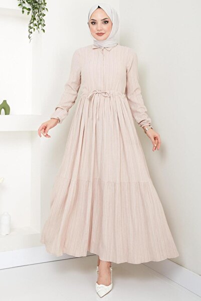 hafsamina Μπεζ Φόρεμα Lara - HM2452, Πλισέ μέση