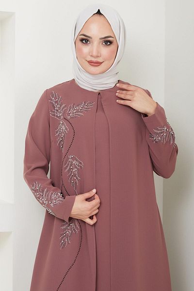 hafsamina Brick Color Plus Size Leaf Jewelled Mother's Dress - HM2350