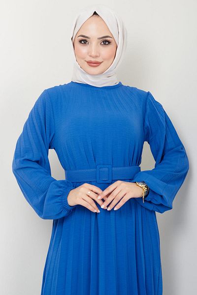 hafsamina Indigo Aerobin Dress - Belt and Pleated HM2339