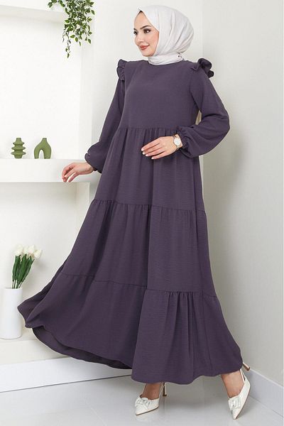 hafsamina Smoke Colored Hijab Dress - Shoulder Detail, Ayrobin HM2062