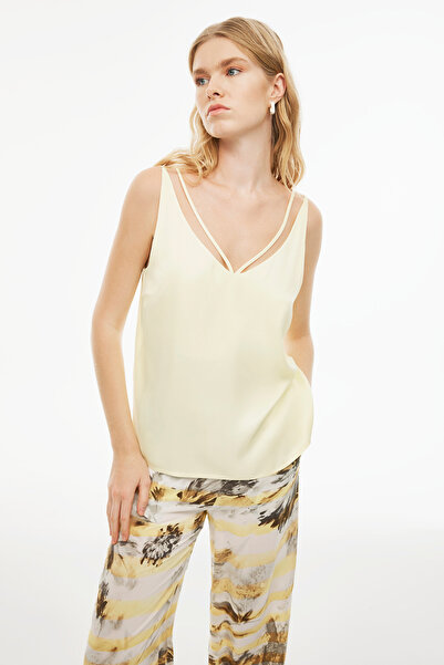 Perspective Alainas Regular Fit Standard Length Strap V-Neck Lemon Color Women's Blouse