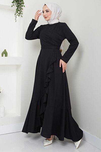 hafsamina Eteği Fırfırlı Drapeli Elbise Siyah HM2419