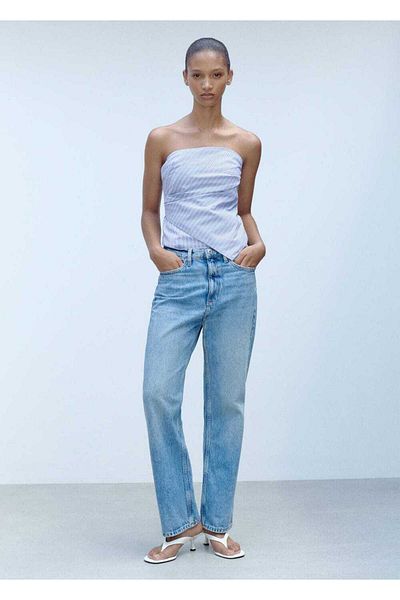 MANGO Woman Gestreifte trägerlose Bluse