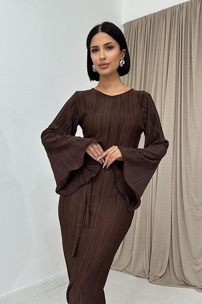 Elbee Fashion Woman Rochie plisată cu mâneci spaniole - maro