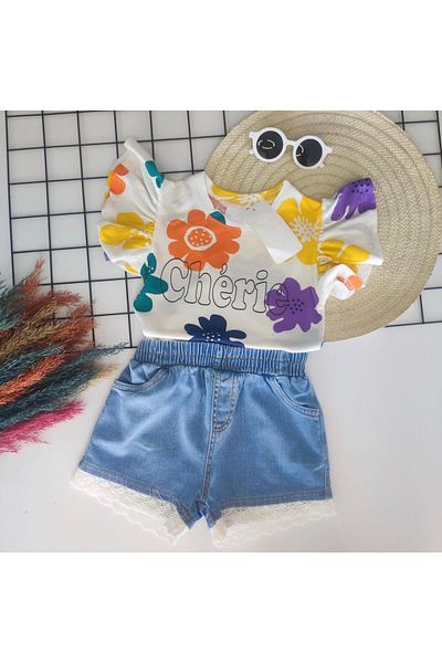 KOKOŞ BEBEK Floral Patterned Suit with Denim Shorts