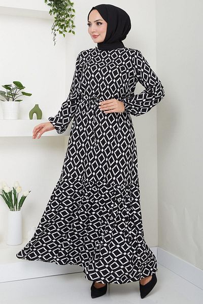 hafsamina Black Viscose - Lace-up Waist Patterned Diamond Dress HM2475