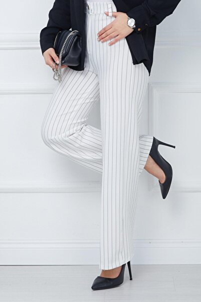 hafsamina White Striped Crepe Trousers - Wide Leg HM2355