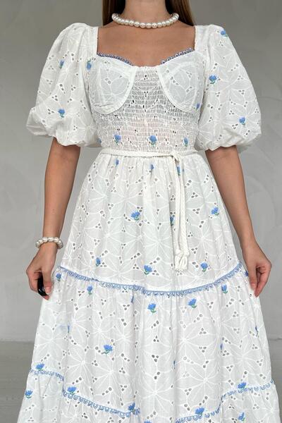 Elbee Fashion Woman Μπλε Κέντημα Φόρεμα - Δαντέλα Λεπτομέρεια