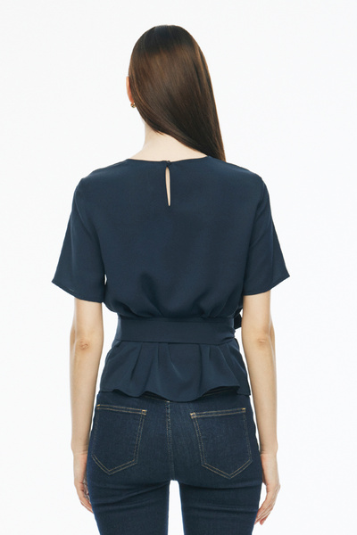 Perspective Elonias Navy Blue Regular Fit Women's Blouse - Zero Sleeve, Crew Neck