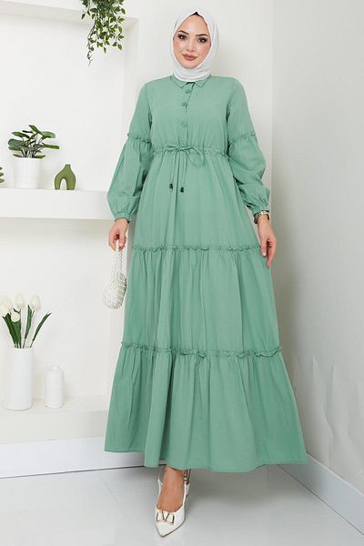 hafsamina Mint Colored Button Detailed Gathered Dress - HM2493