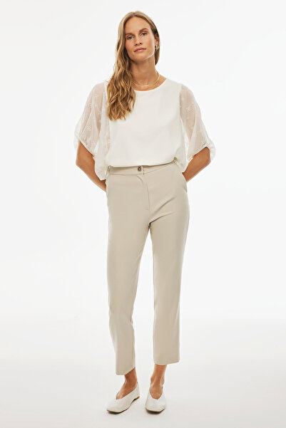 Perspective Beige Colored Jorens Regular Fit Women's Trousers - Ankle Length Pipe Leg