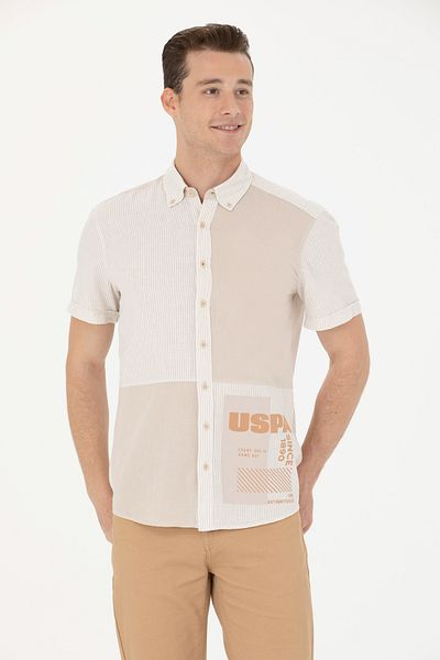 U.S. Polo Assn. Мъжка риза с къс ръкав в цвят „камък“ 50263754-VR049