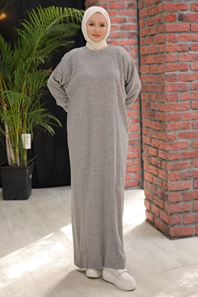 hafsamina Γκρι πλεκτό φόρεμα - λαιμόκοψη και μπαλόνι μανίκι HM2518