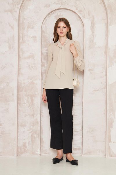 LOVELF Beige Shirt - Gathered Sleeves and Scarf