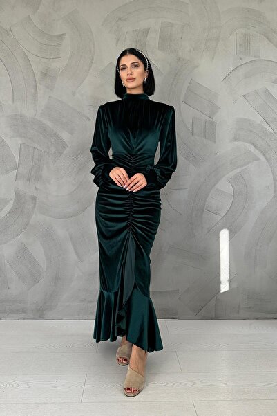 Elbee Fashion Woman Önü Büzgülü Dik Yaka Elbise